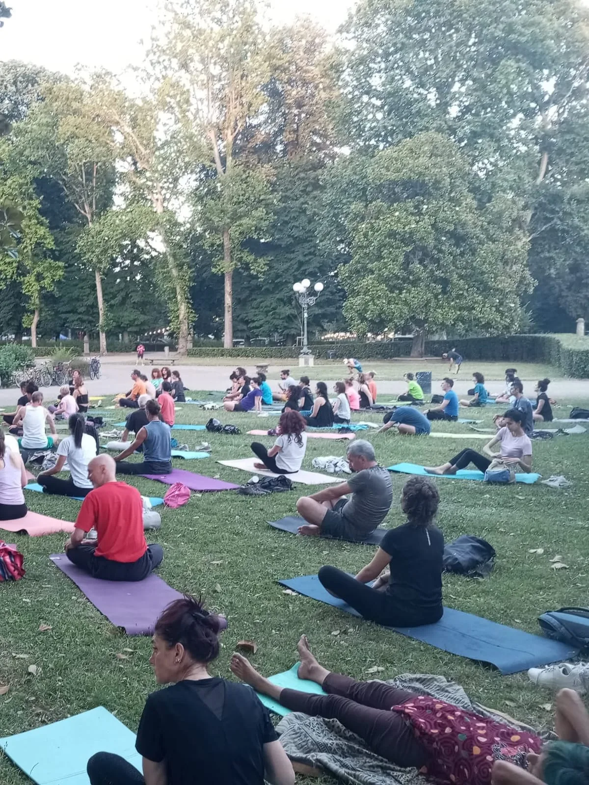 Una lezione di yoga di gruppo all'aperto su un prato, tra gli alberi di un parco, con tanti tappetini colorati